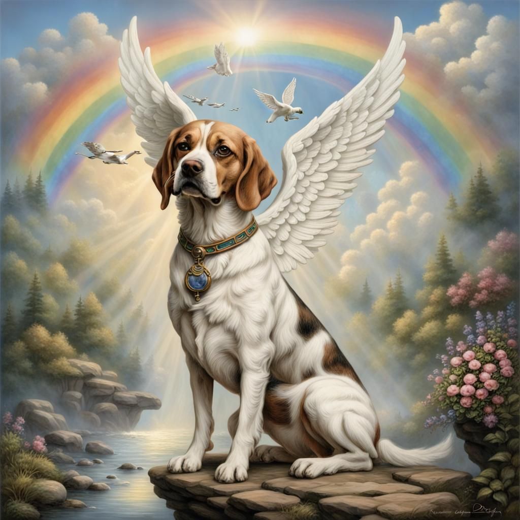 Angel and Beagle on Rainbow Bridge in Luminism Style