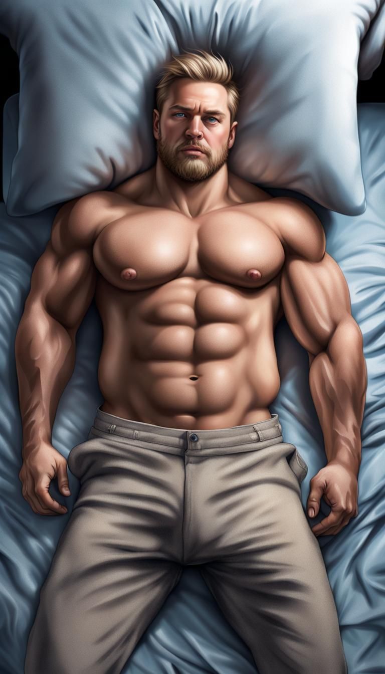 Hyperrealistic Portrait of a Handsome Bodybuilder in Bed