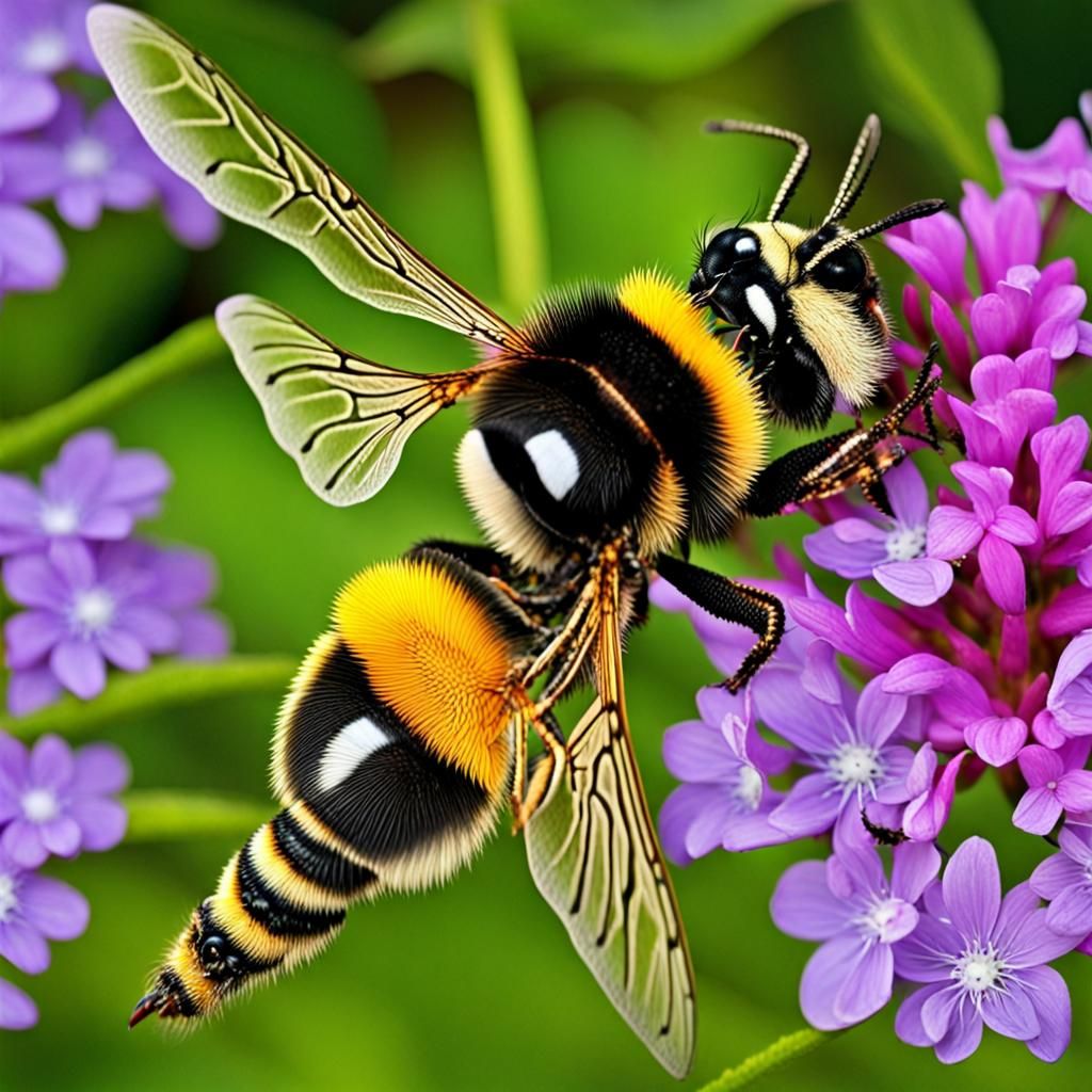 Lush Garden with Bumble Bees and Dragonflies