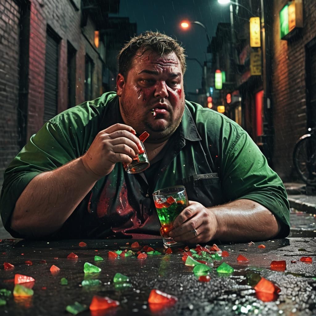 Surrealist Man Eats Glass in Gritty Alley