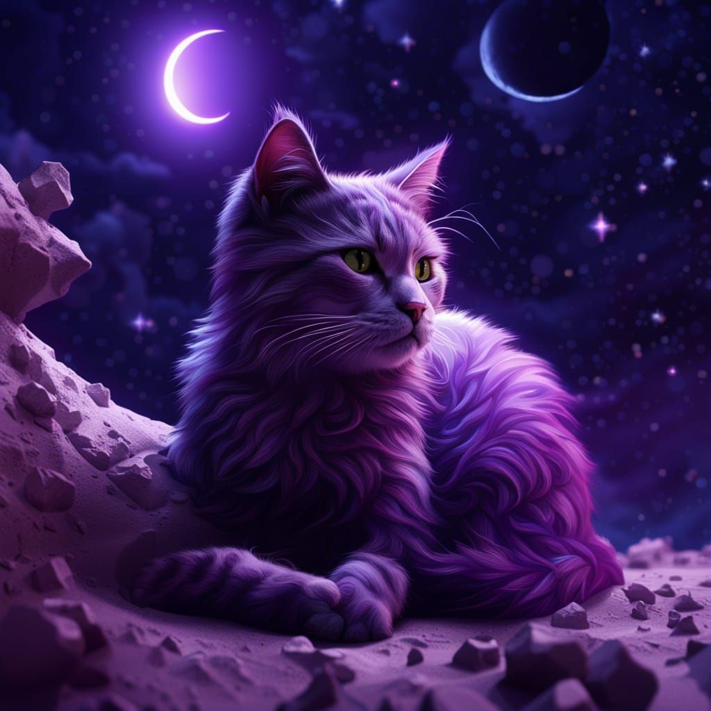 Cat on the Moon with Purple Stars