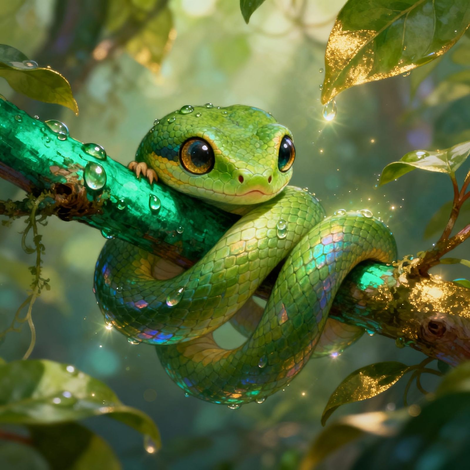 Baby Green Tree Boa on Emerald Branch in Dappled Light