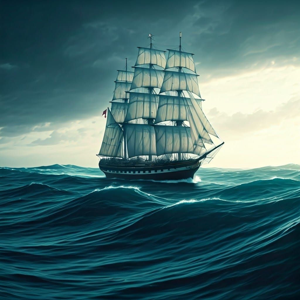 Sailship Navigating Stormy Seas: Hyperrealistic Digital Matt...