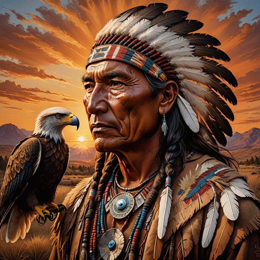 Native American Portrait with Eagle, Oil Painting