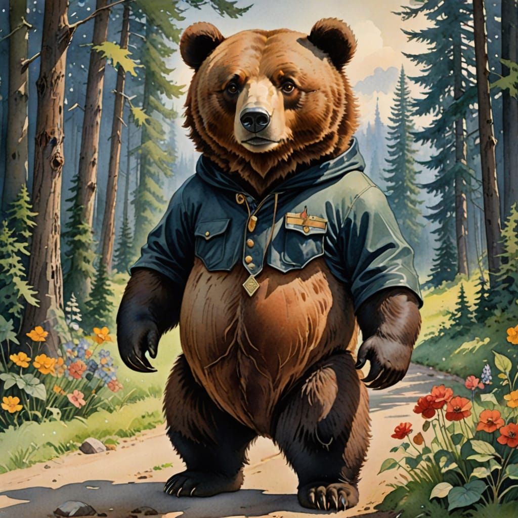 Vintage Cartoon Bear in Hyperrealistic Watercolor Style
