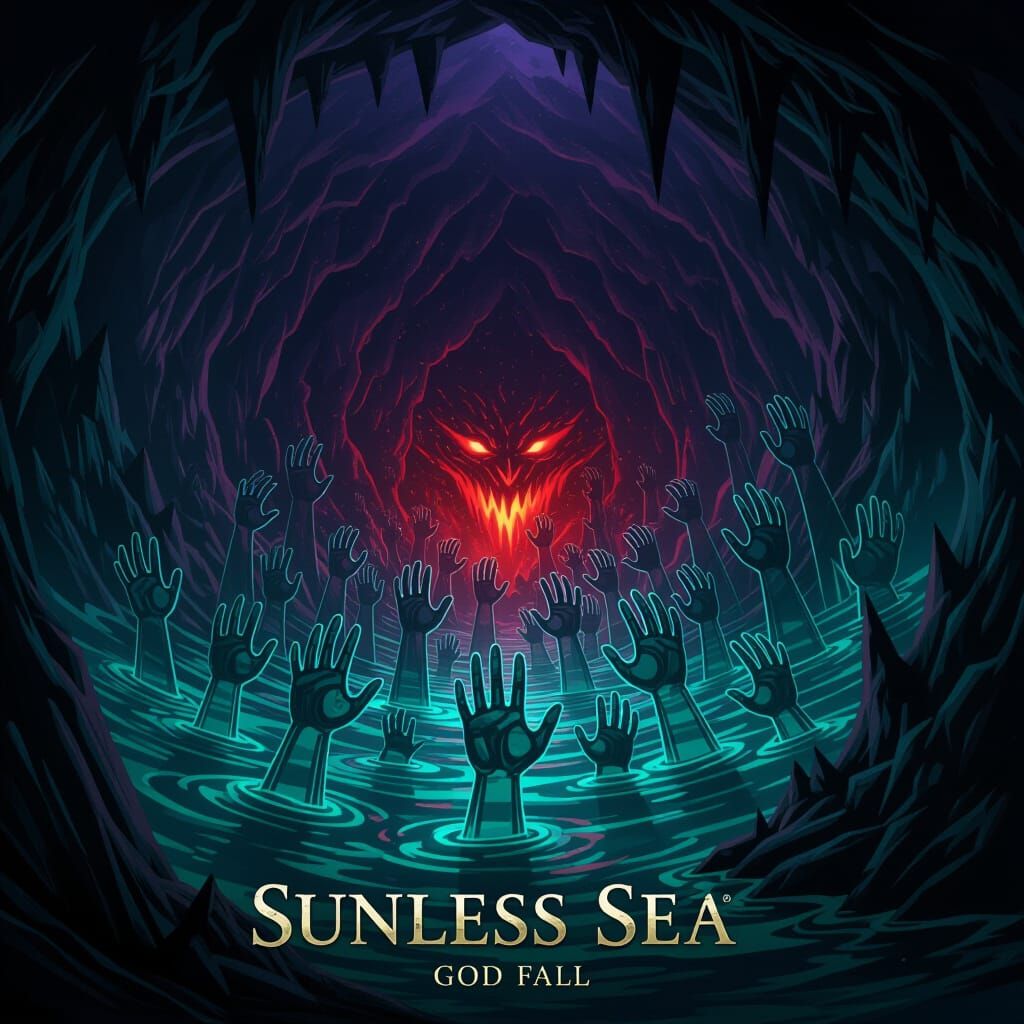 Dark Fantasy Cavern With Glass Statue Hands In Red Glow