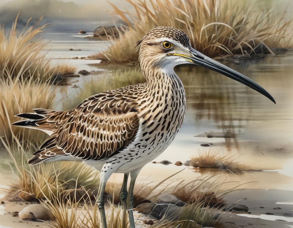 Naturalistic Watercolor Painting of a Curlew