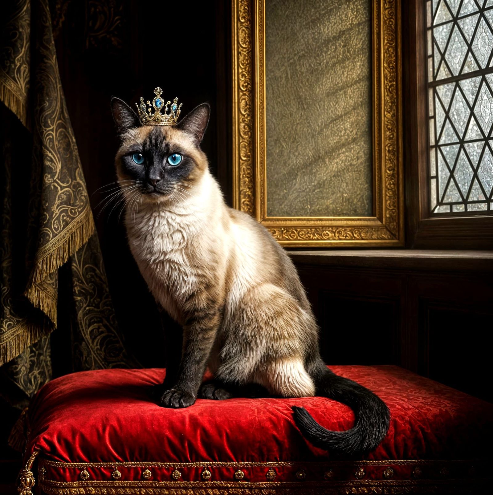 Regal Siamese Cat Crowned in Baroque Palace Style