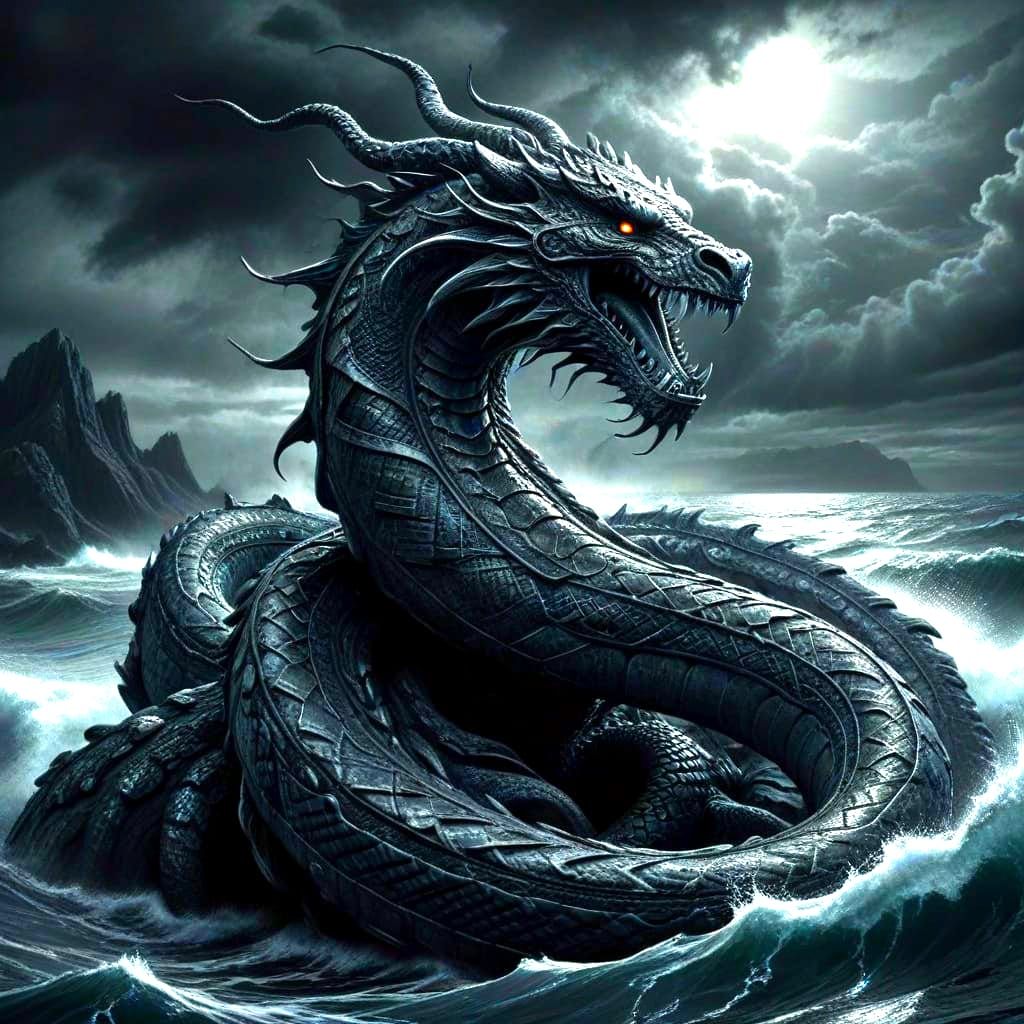 Detailed Charcoal Drawing of the Midgard Serpent