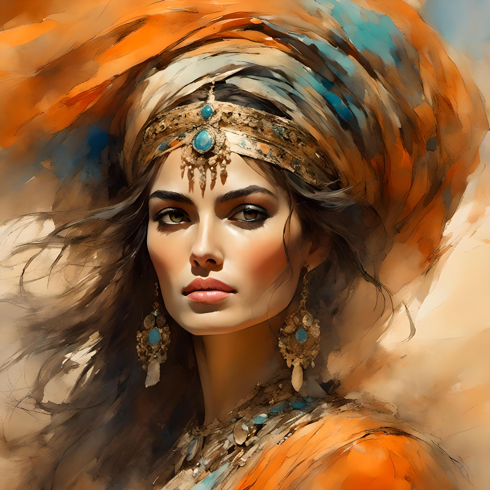 Arab Queen in Desert Sandstorm: Impressionistic Digital Art