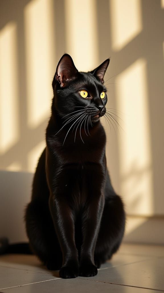 Sleek Black Cat with Yellow Eyes in Serene Lighting