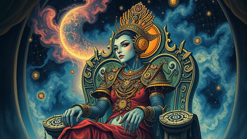 Steampunk Alien Queen on Starlight Throne