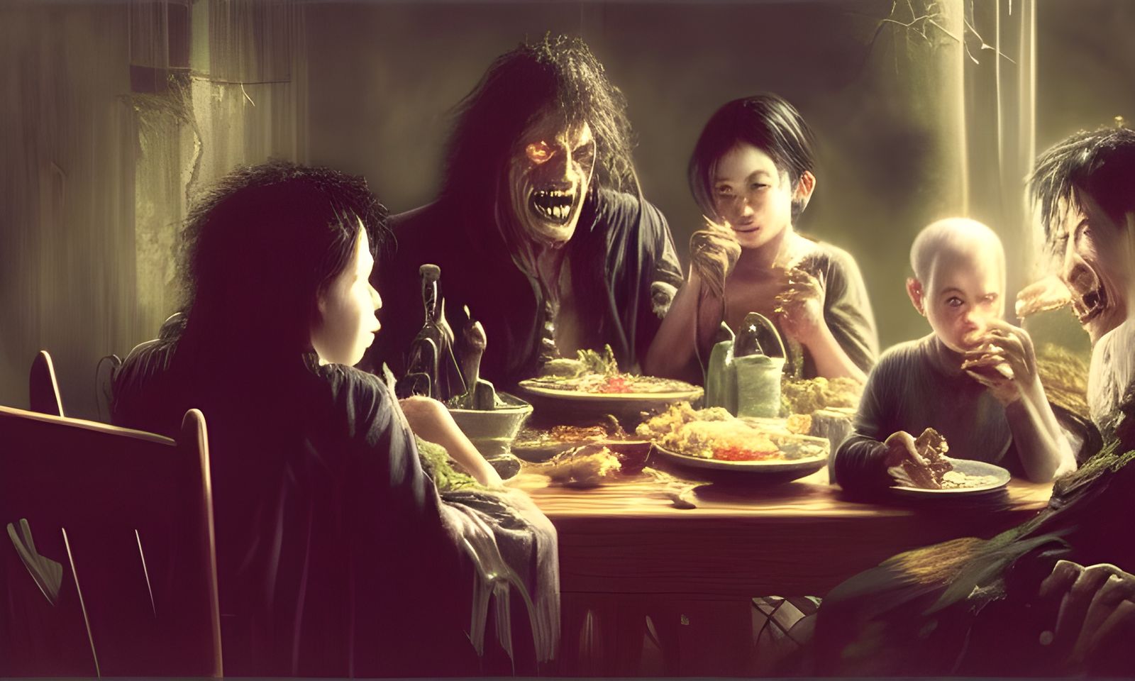 Horrifying Vampire Family Dinner in Detailed Digital Art