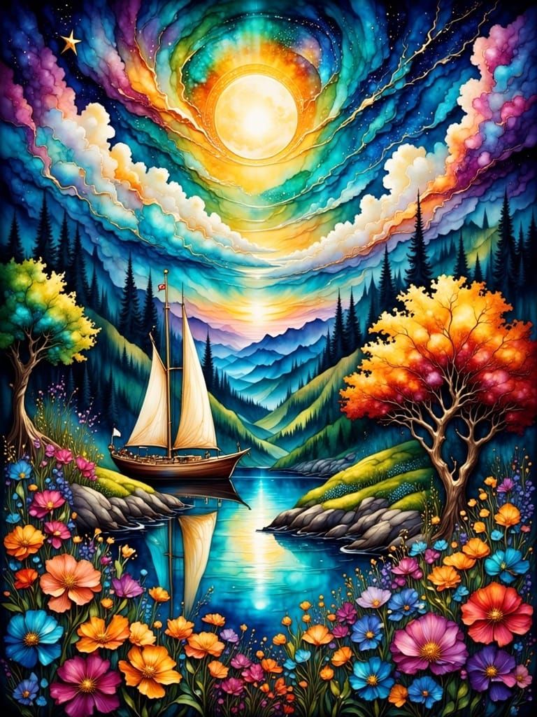 Dreamy Night Sky with Radiant Moon and Twinkling Stars in Po...