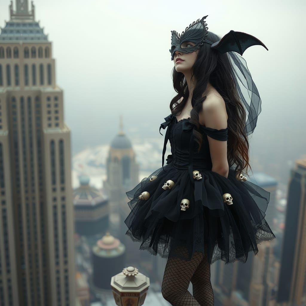 Gothic Ballerina on Skyscraper in Mourning Veil