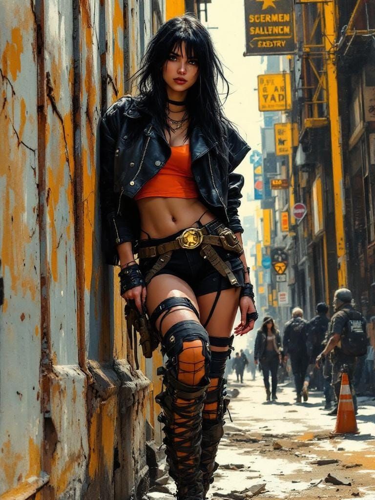 Confident Woman in Decaying City Alley, Brushwork Art