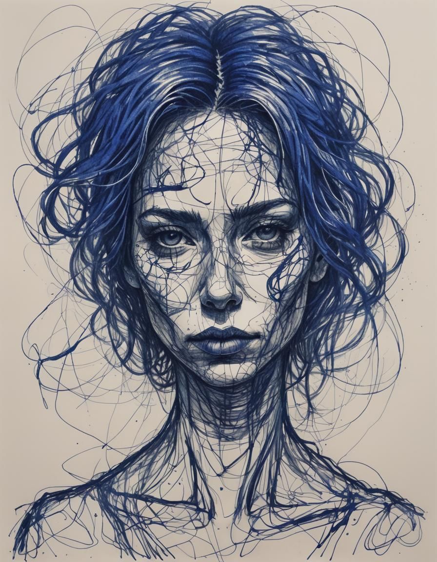 a drawing of a woman made with scribbles and messy lines,blue ballpoint,monochrome