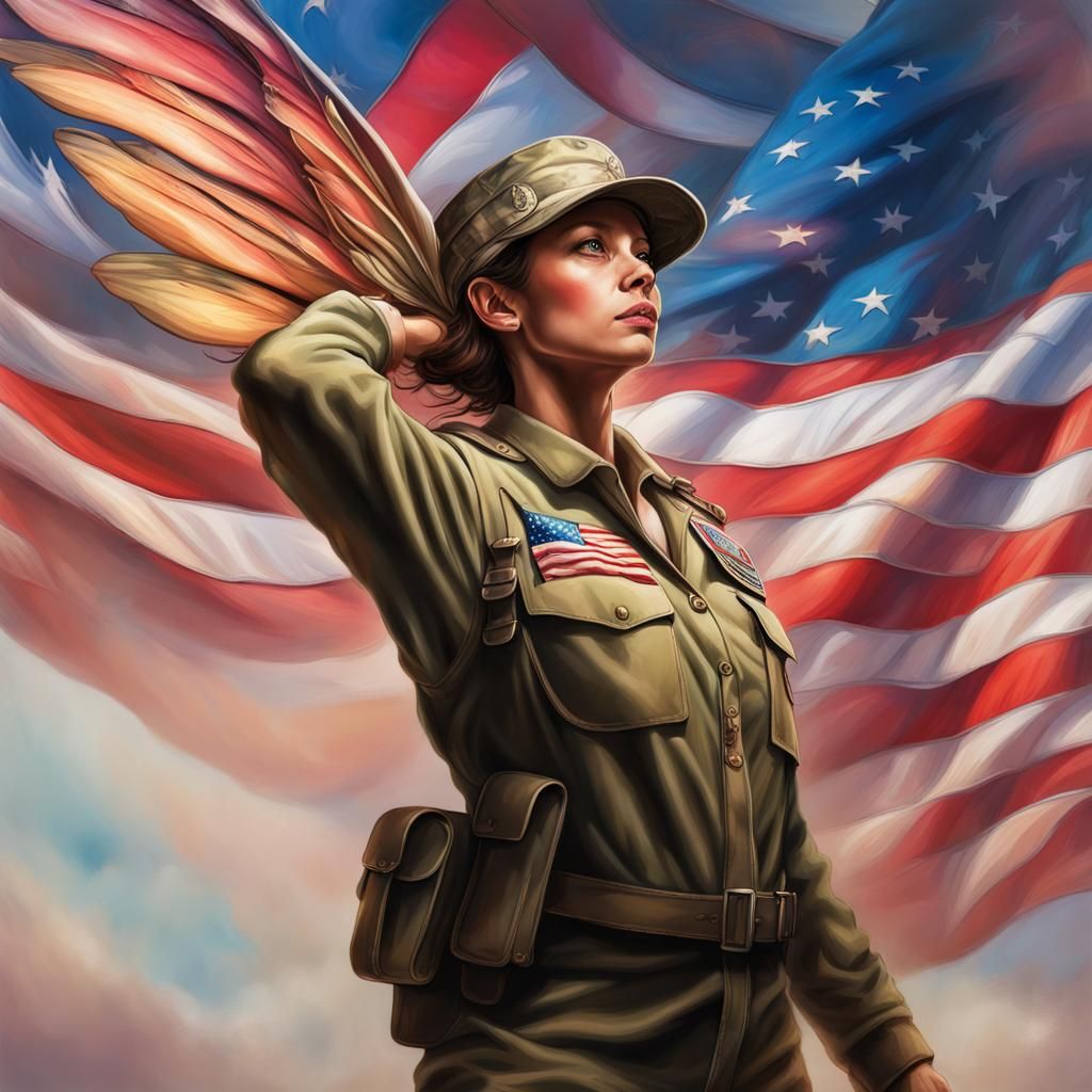 Fairy Soldier Saluting Flag in Hyperrealistic Style