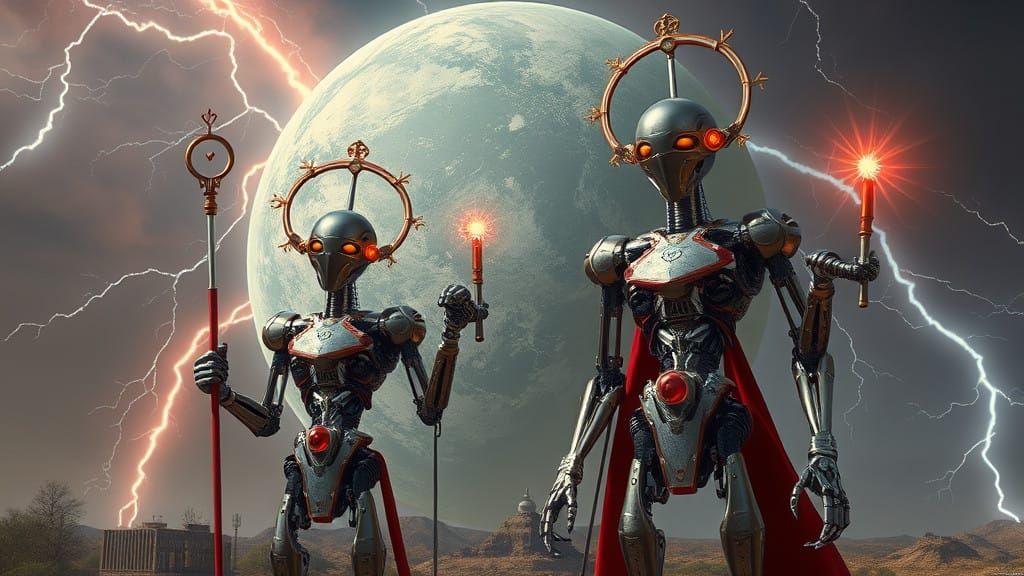 Trurl and Klapauscius thin spindly cybercore robotic mechaju...