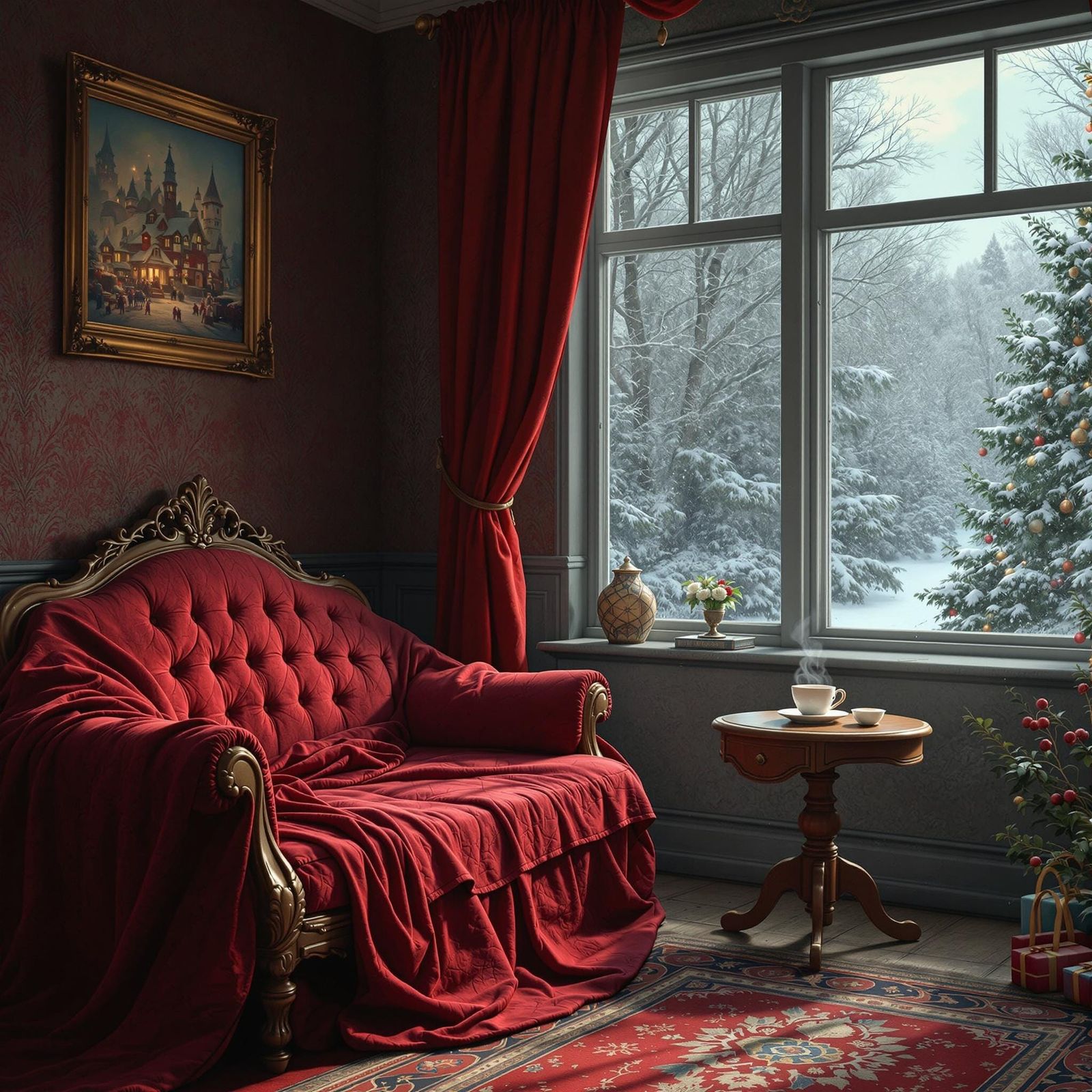 Cozy Winter Scene in a Faded Velvet Parlor