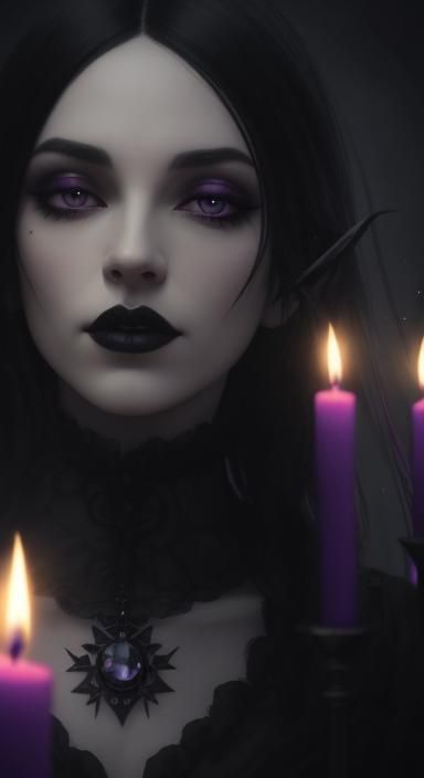 Beautiful gothic witch with black hair and purple eyes with ...