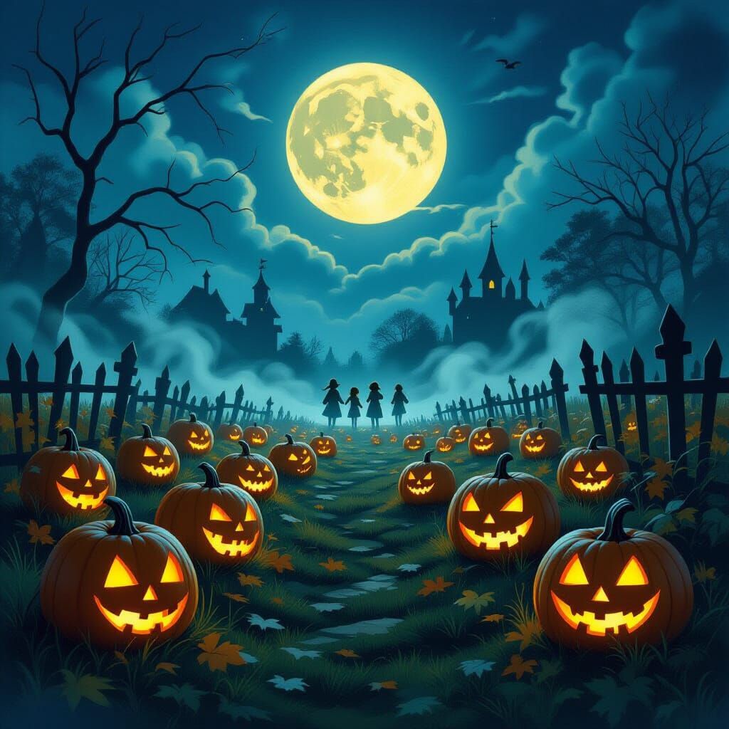Haunted Pumpkin Patch Under Full Moon in Storybook Style