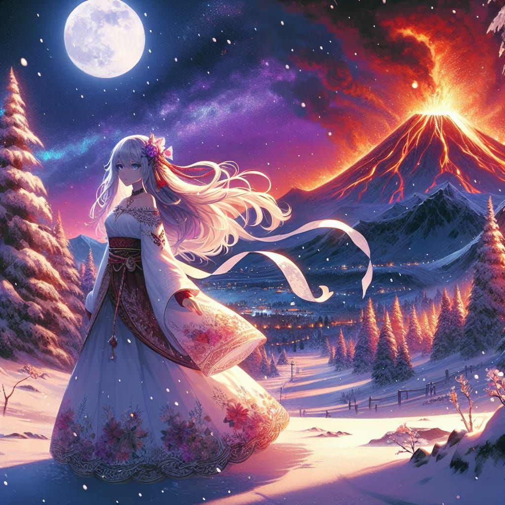 Anime Girl in Snowy Landscape with Erupting Volcano