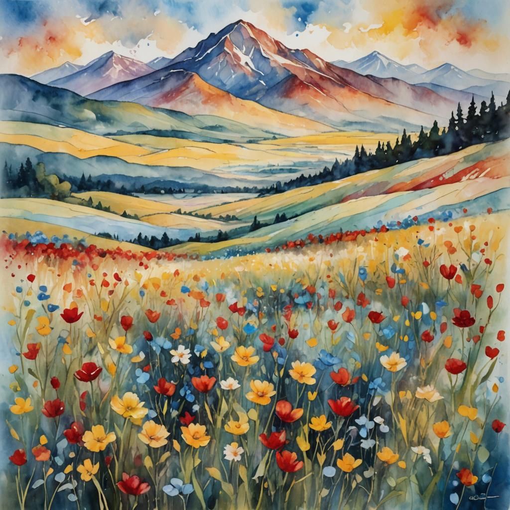 Encaustic Watercolor Landscape with Triadic Colors