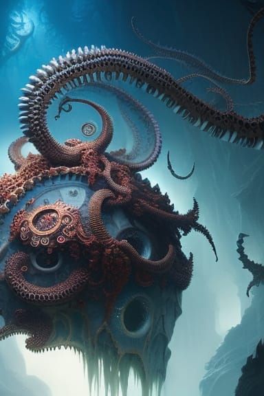 Iridescent Octopus Skull with Bioluminescent Tentacles