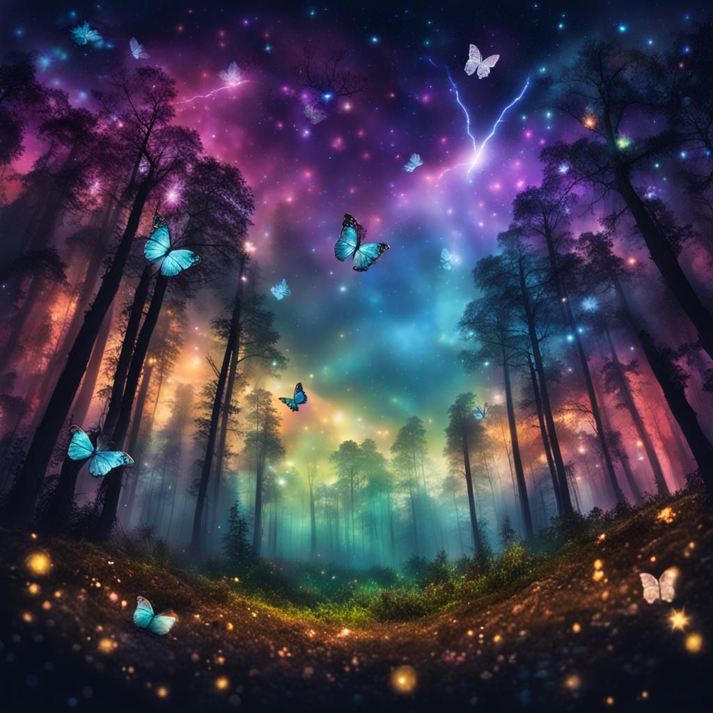 Sparkly Forest with Jeweled Butterflies and Nebula