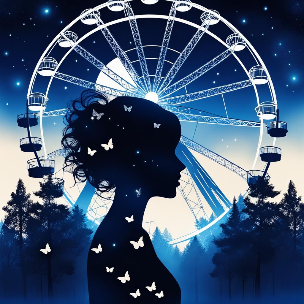 Double Exposure: Woman, Ferris Wheel, Forest, Moon