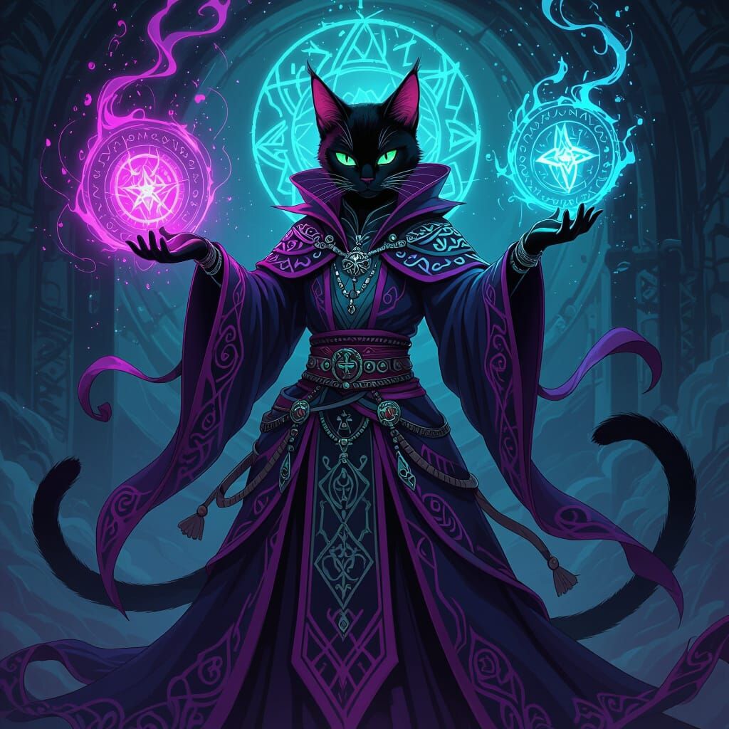 Gothic Cat-Person Mage Casting Spell in Anime Style