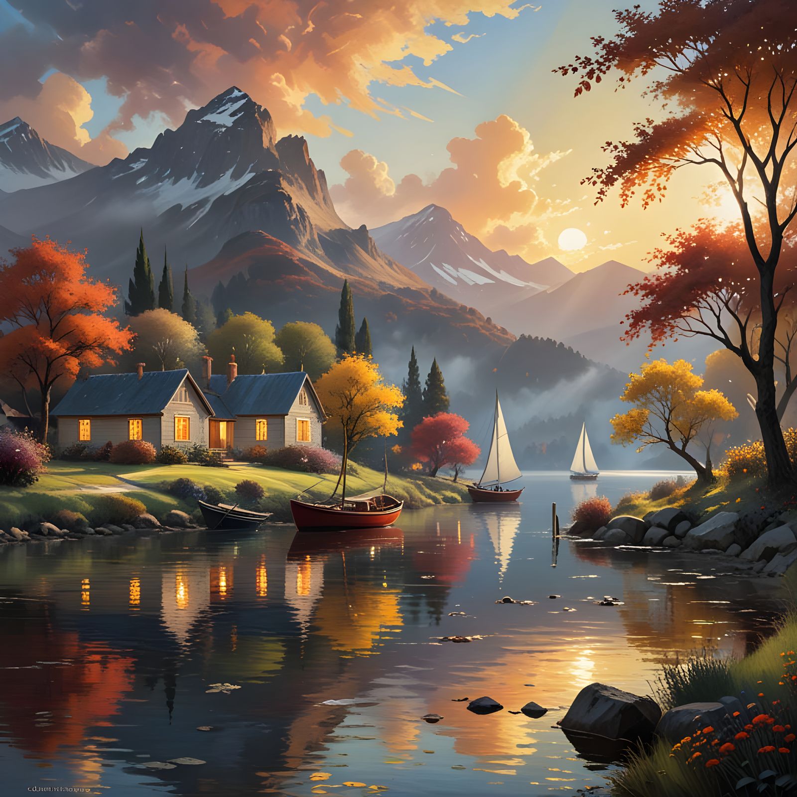 Impressionist Sunrise Over a Serene Lake