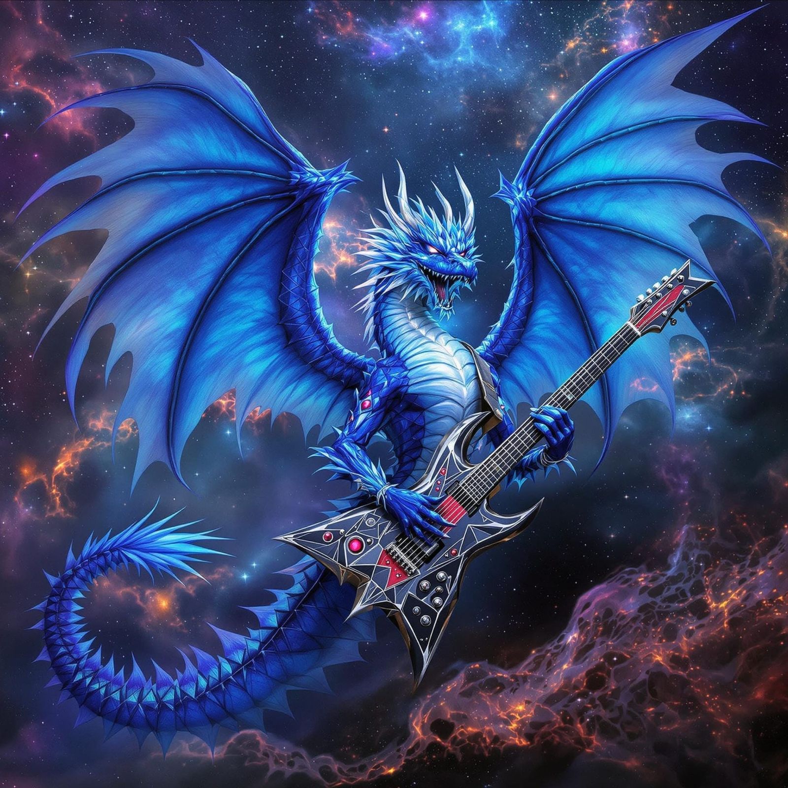 Epic Blue Dragon Shreds Guitar in Nebula