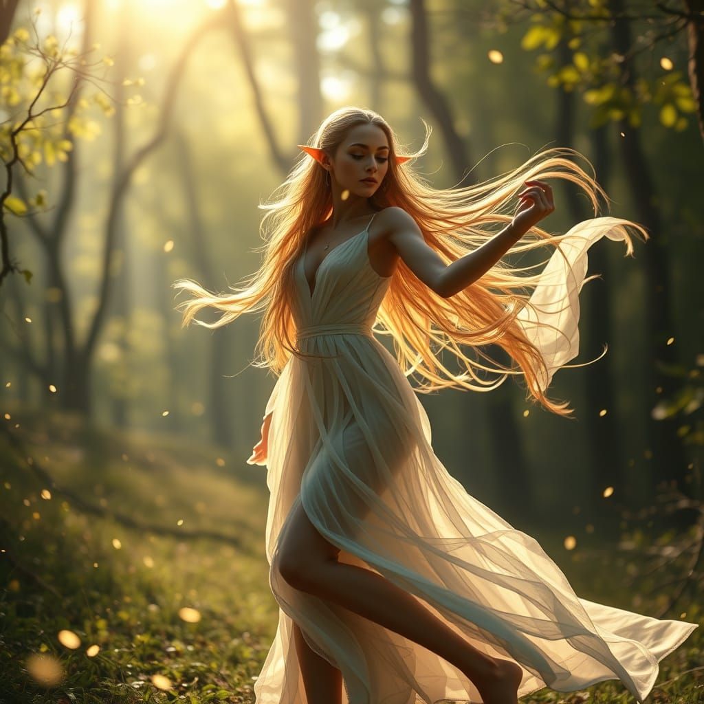 Ethereal Forest Elf Dances Under Sunlit Canopy