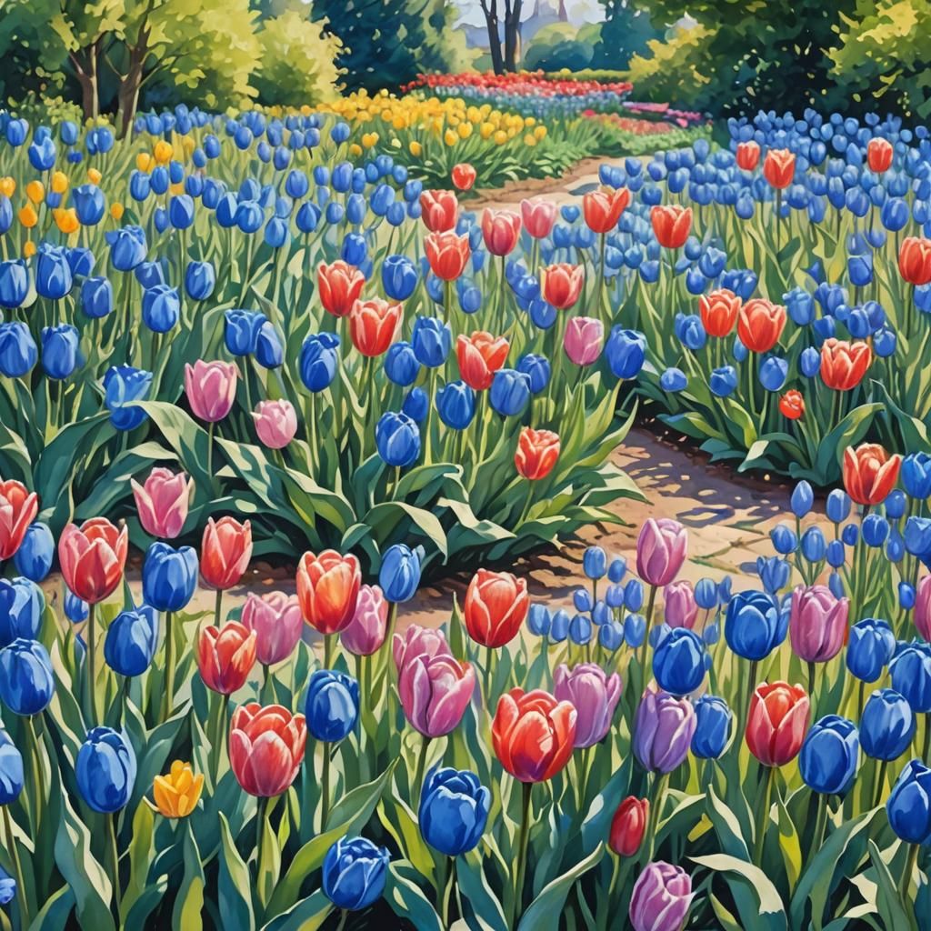 Blue Tulip Garden in Gouache Style