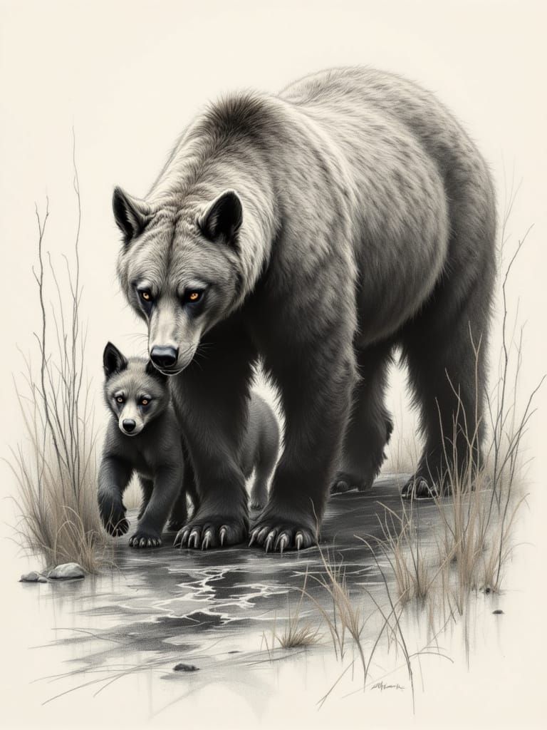 Mother Bear and Cubs Move Slow in Charcoal Winter Landscape