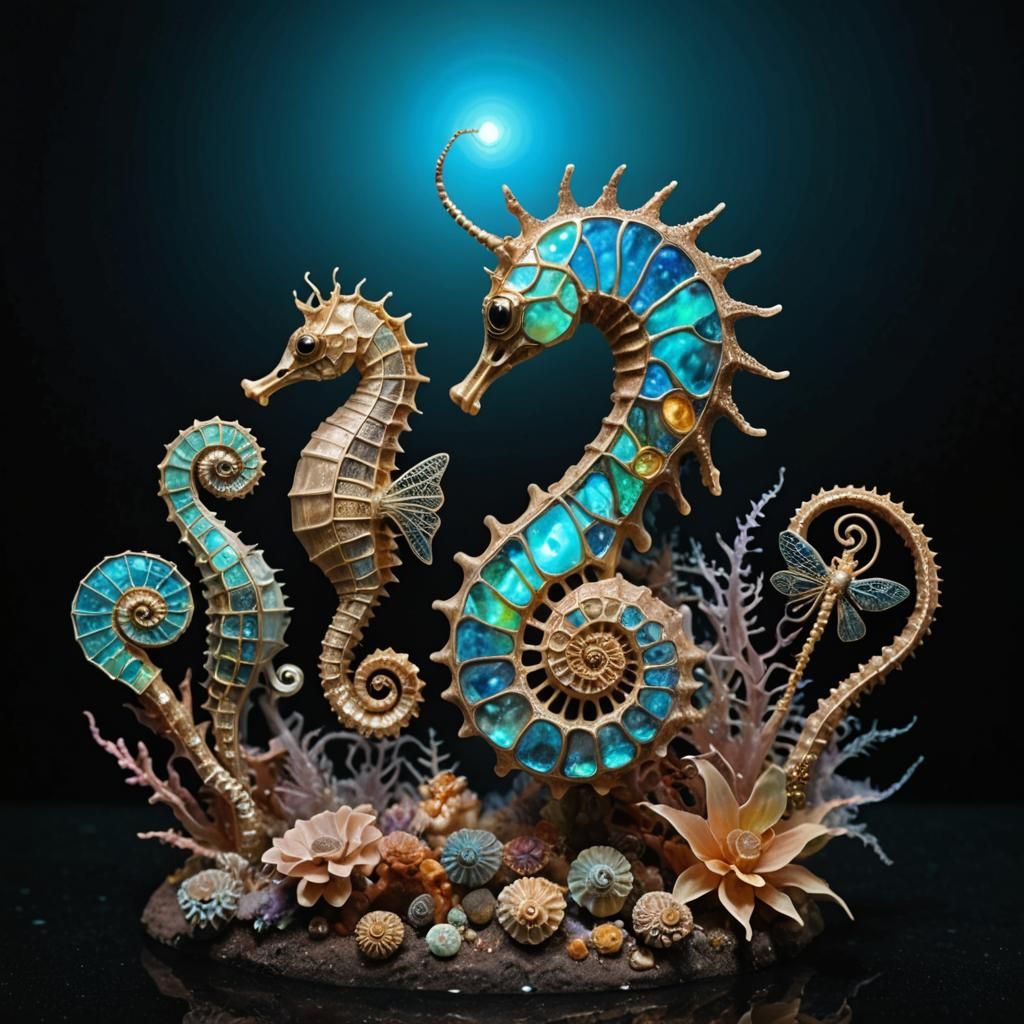 Bioluminescent Seahorse and Dragonfly in Metallic Vision