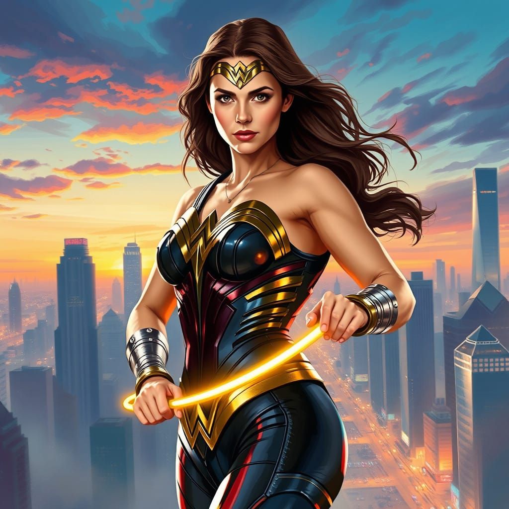 Emma Watson as Wonder Woman in Futuristic Cityscape