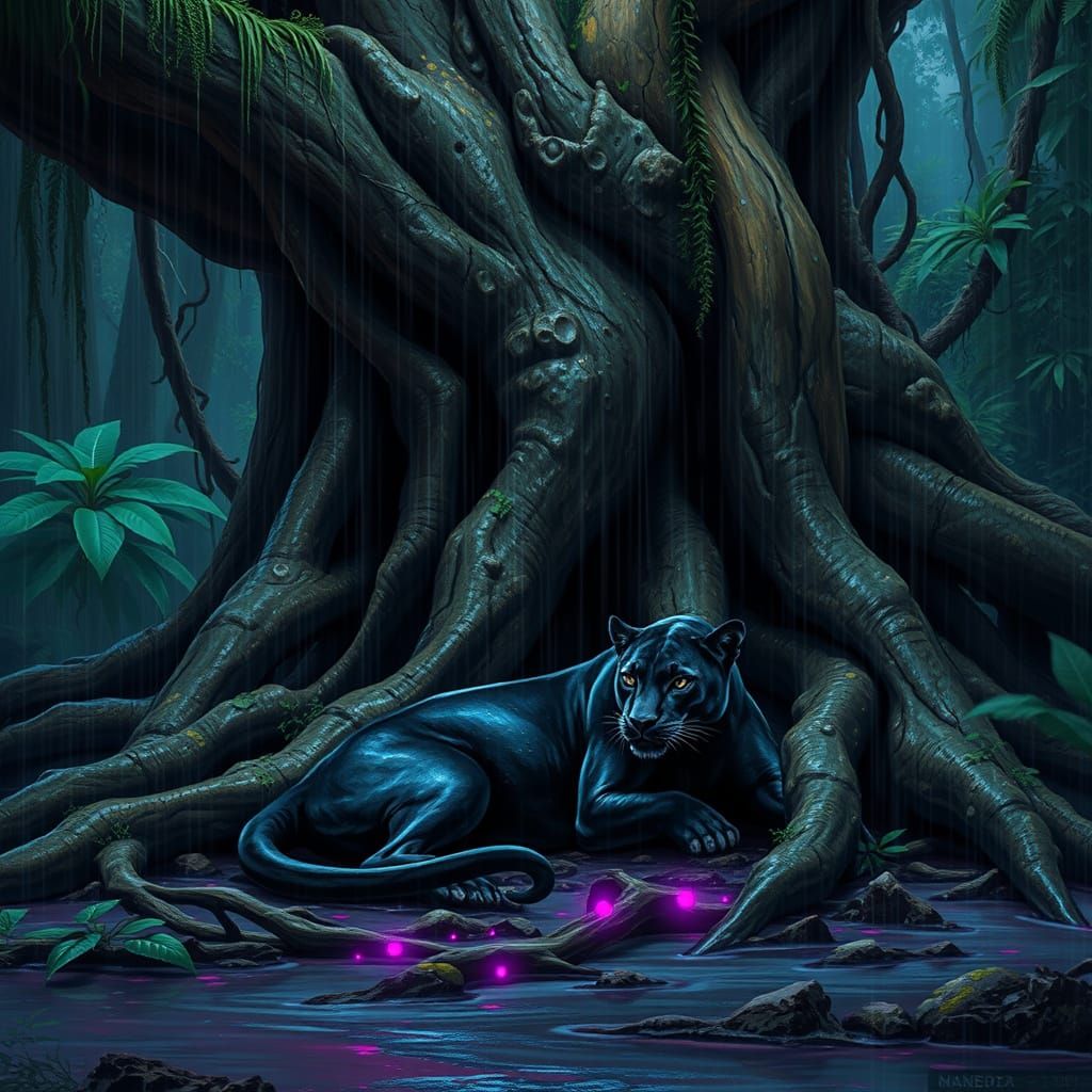 Black Panther Under Rainforest Tree in Realistic Style