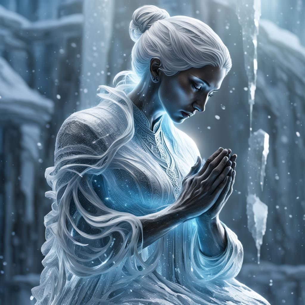 Ice Woman Sculpture in Winter Snow, Hyperdetailed Art