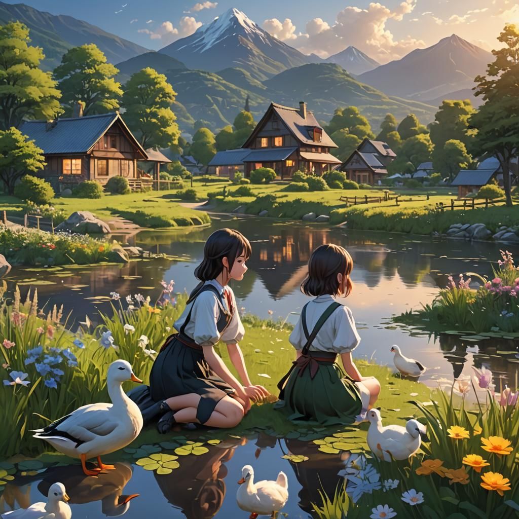 Anime Girls Playing in Garden by River