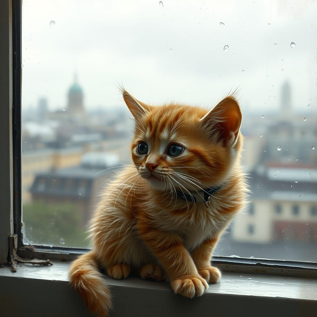 Ginger Kitten Gazing at Rain-soaked Cityscape