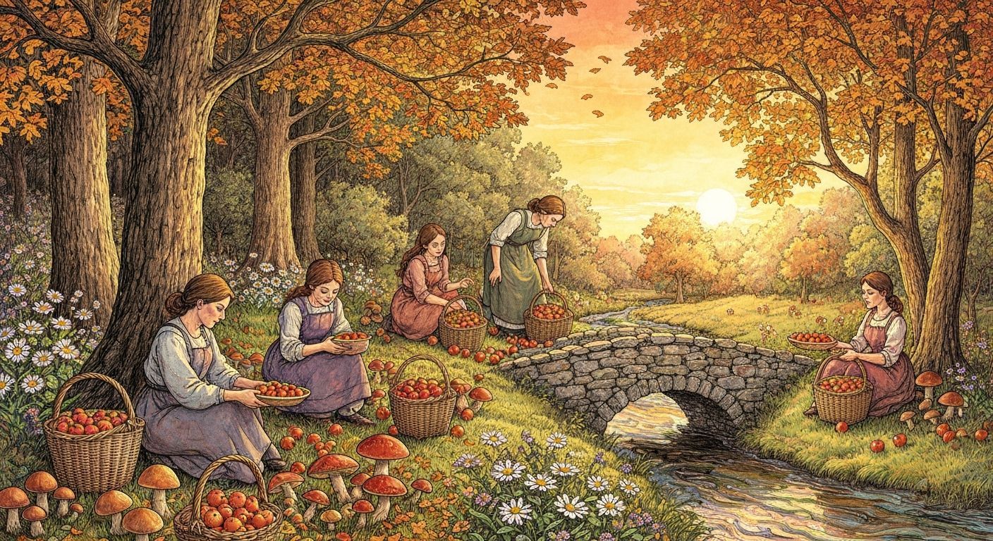 Women Foraging in Autumn Woodland with Stream and Bridge
