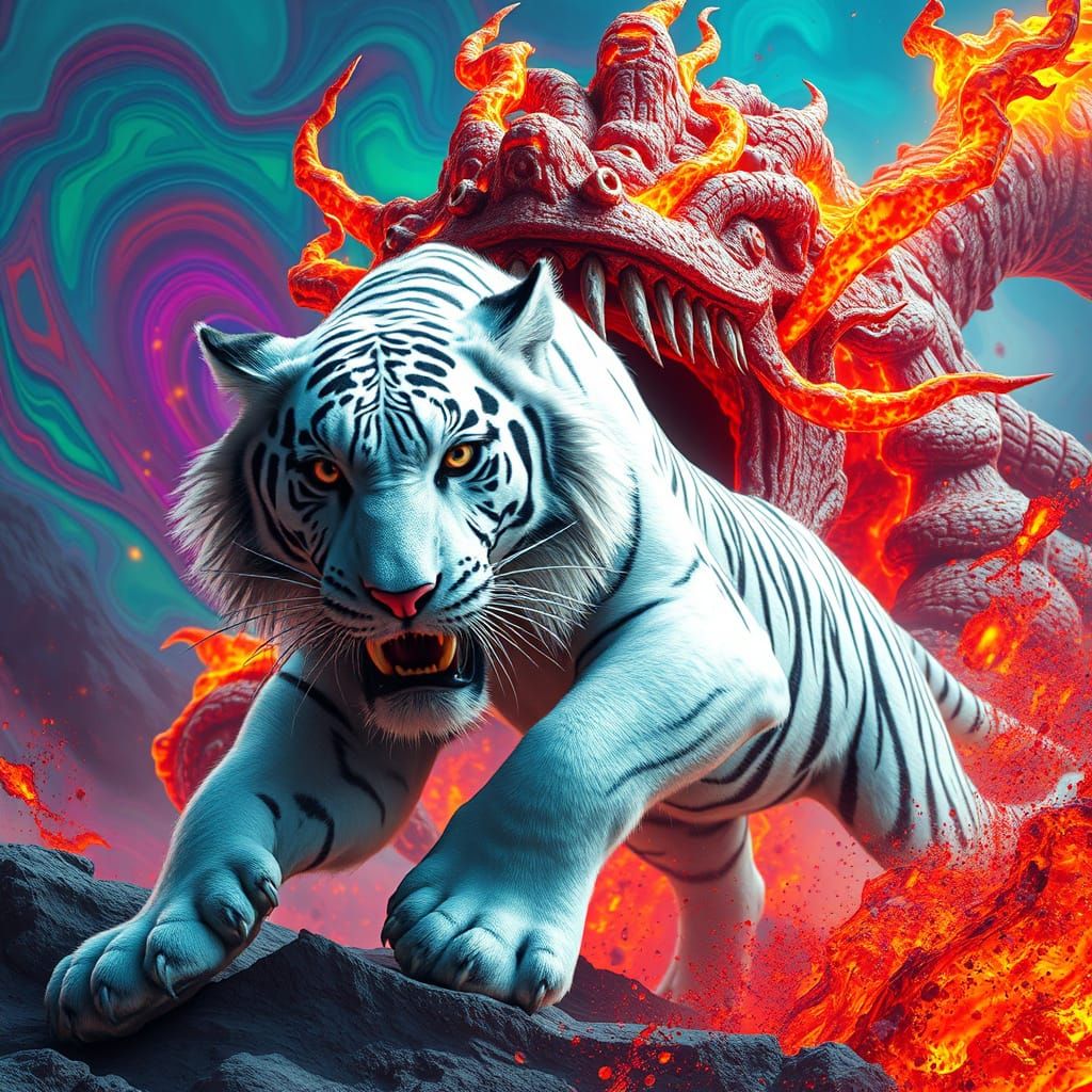 White Tiger vs Lava Beast in Dreamlike Landscape