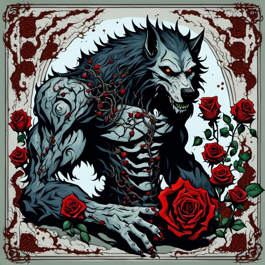 Gothic Werewolf with Roses in Dark Comic Style