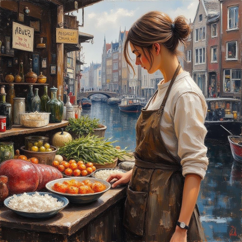 Amsterdam Fishmonger: Expressive Pencil Sketch and Impasto P...