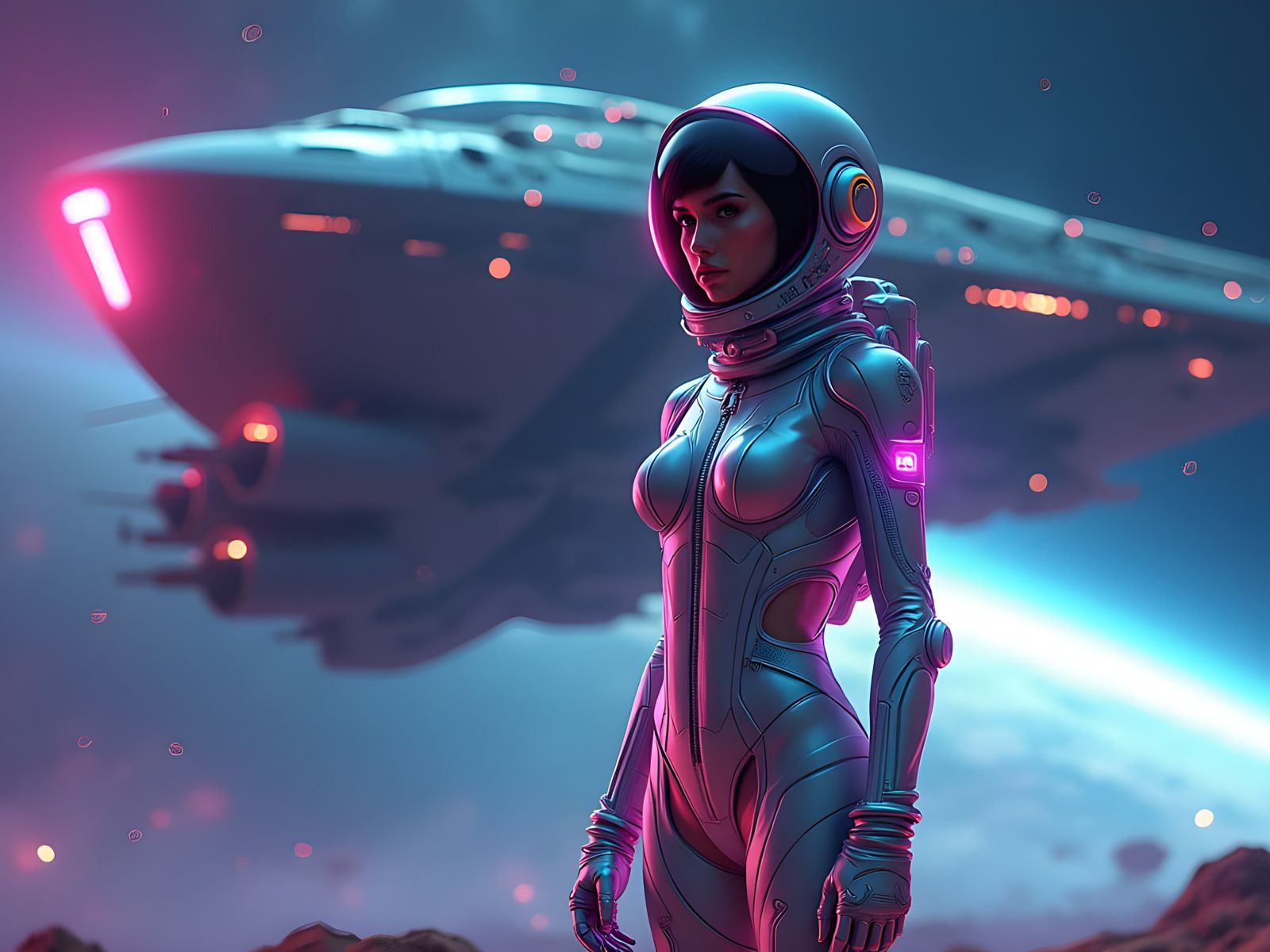 Futuristic Astronaut Woman Poses by Spaceship in Neon Galaxy