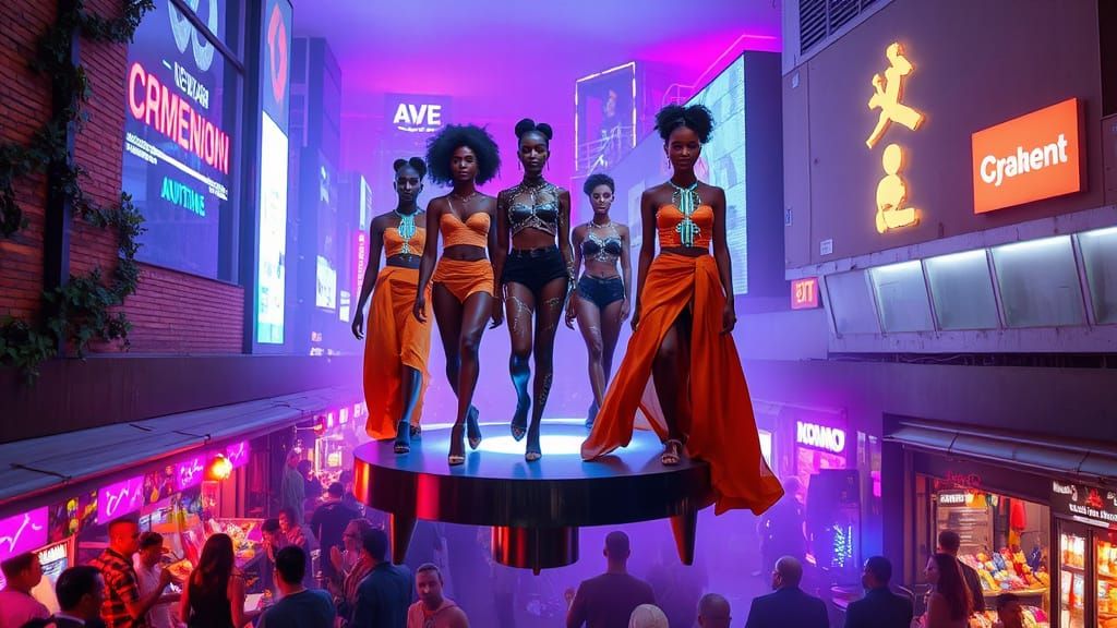 Cyberpunk Fashion Show in a Neon-Lit African Futurist Citysc...