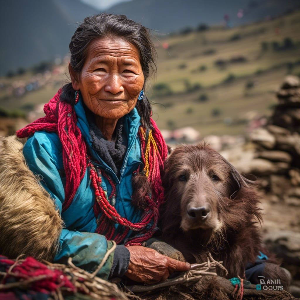 Sherpa Woman in Nepal Village as Impasto Painting